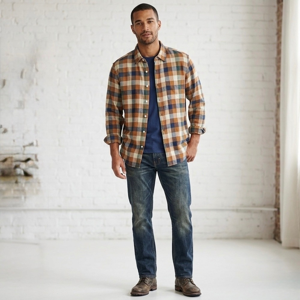 J.Crew Mens Flannel Plaid Button Down Shirt Brown Navy Green Large Re-Imagined